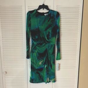 DKNY Elegant Green and Black Ruched Dress